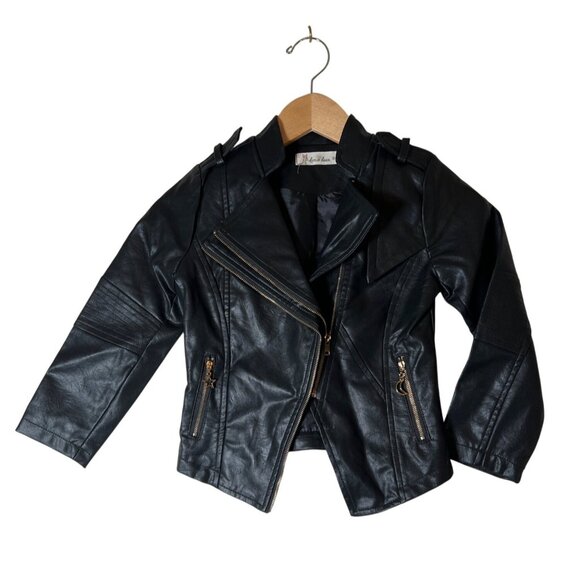 Doe a Dear Children's Size 5 Black Vegan Leather Moto Biker Style Zip Jacket - Picture 1 of 16